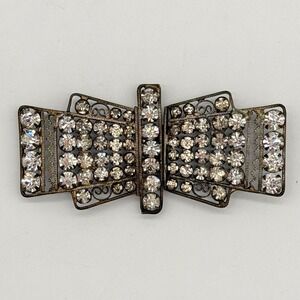 Vintage Art Deco Rhinestone Bow Belt Buckle Silver Tone Pot Metal Dress Retro